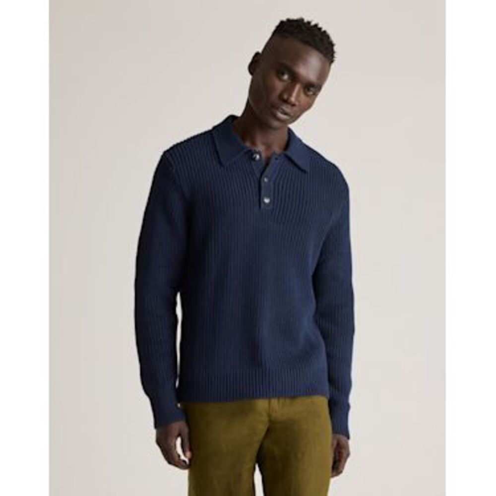 Quince Navy Ribbed Knit Polo Sweater